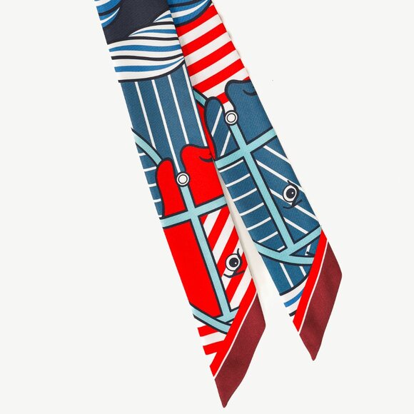 Hermes Silk Quadridge Rouge Bleu Blanc Horse Stripes Silk Twilly - Picture 3 of 6